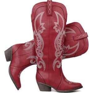 Women's Red Cowboy Cowgirl Boots Slip On Pointed Toe and Block Heel Shoes